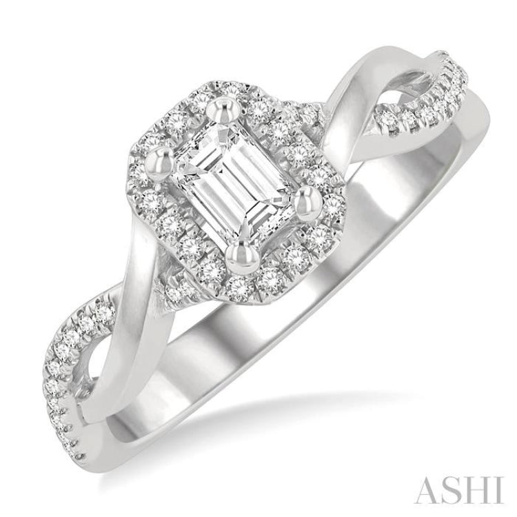 1/5 Ctw Twisted Shank Emerald Shape Round Cut Diamond Semi-Mount Engagement Ring in 14K White Gold