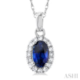 5x3 MM Oval Shape Sapphire and 1/20 Ctw Single Cut Diamond Halo Precious Pendant with Chain in 10K White Gold