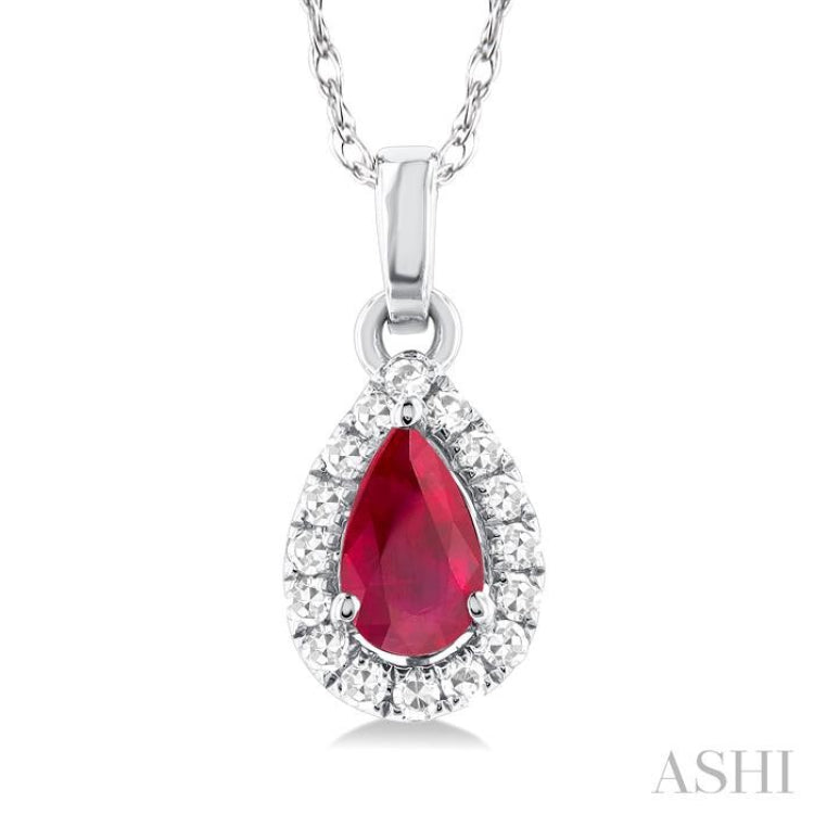 5x3 MM Pear Shape Ruby and 1/20 Ctw Single Cut Diamond Halo Precious Pendant with Chain in 14K White Gold