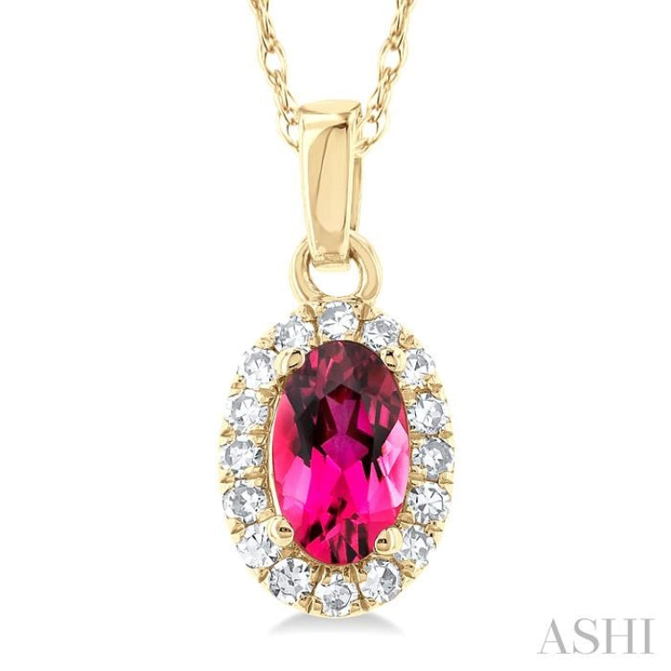 5x3 MM Oval Shape Pink Tourmaline and 1/20 Ctw Single Cut Diamond Halo Semi-Precious Pendant with Chain in 14K Yellow Gold