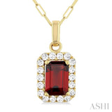6x4 MM Octagonal Shape Garnet and 1/6 Ctw Round Cut Diamond Halo Semi-Precious Pendant with Chain in 14K Yellow Gold