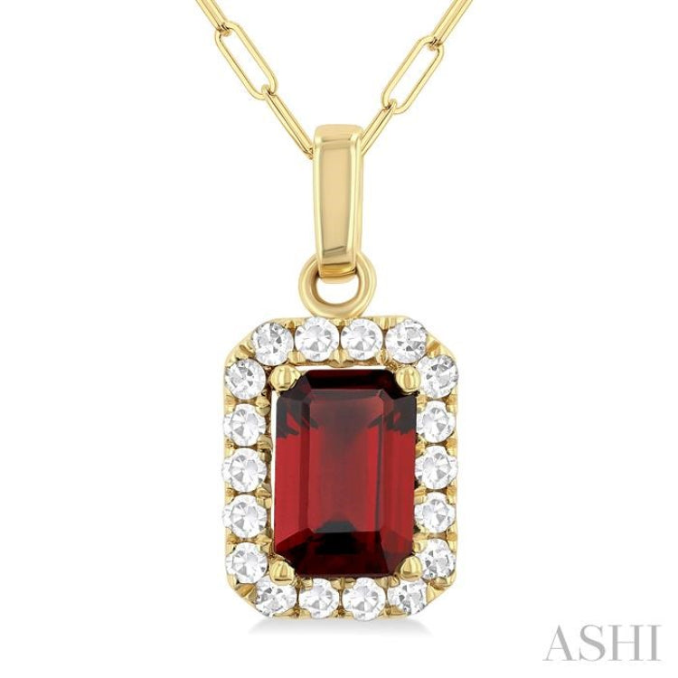 6x4 MM Octagonal Shape Garnet and 1/6 Ctw Round Cut Diamond Halo Semi-Precious Pendant with Chain in 10K Yellow Gold