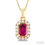 5x3 MM Octagonal Shape Pink Tourmaline and 1/20 Ctw Single Cut Diamond Halo Semi-Precious Pendant with Chain in 14K Yellow Gold
