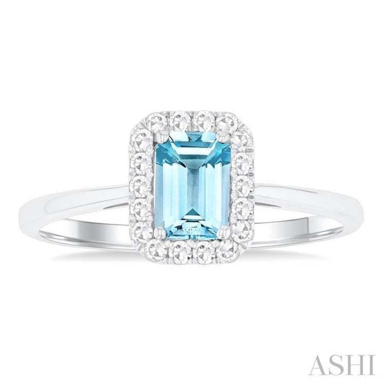 6x4 MM Octagonal Shape Aquamarine and 1/6 Ctw Round Cut Diamond Halo Semi-Precious Ring in 14K White Gold