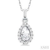 5x3 MM Pear Shape White Topaz and 1/20 Ctw Single Cut Diamond Halo Semi-Precious Pendant with Chain in 10K White Gold
