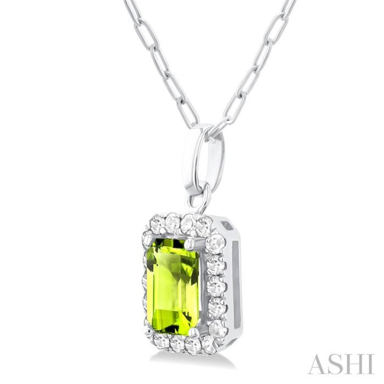 6x4 MM Octagonal Shape Peridot and 1/6 Ctw Round Cut Diamond Halo Semi-Precious Pendant with Chain in 14K White Gold