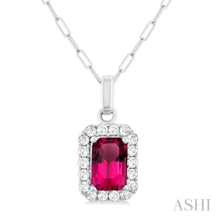 6x4 MM Octagonal Shape Pink Tourmaline and 1/6 Ctw Round Cut Diamond Halo Semi-Precious Pendant with Chain in 10K White Gold