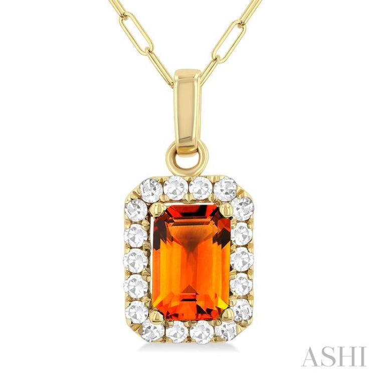 6x4 MM Octagonal Shape Citrine and 1/6 Ctw Round Cut Diamond Halo Semi-Precious Pendant with Chain in 14K Yellow Gold