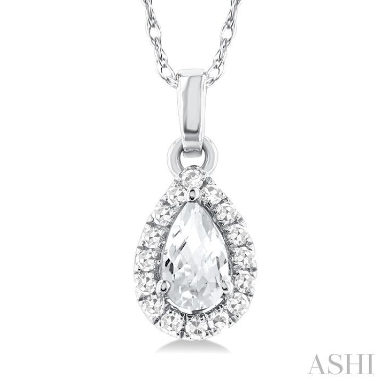 5x3 MM Pear Shape White Topaz and 1/20 Ctw Single Cut Diamond Halo Semi-Precious Pendant with Chain in 14K White Gold