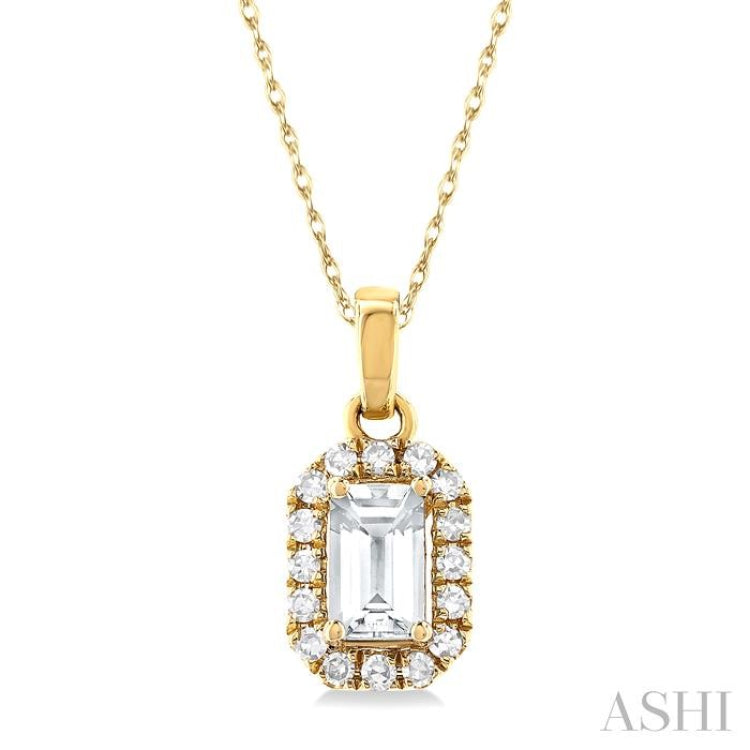 5x3 MM Octagonal Shape White Topaz and 1/20 Ctw Single Cut Diamond Halo Semi-Precious Pendant with Chain in 10K Yellow Gold