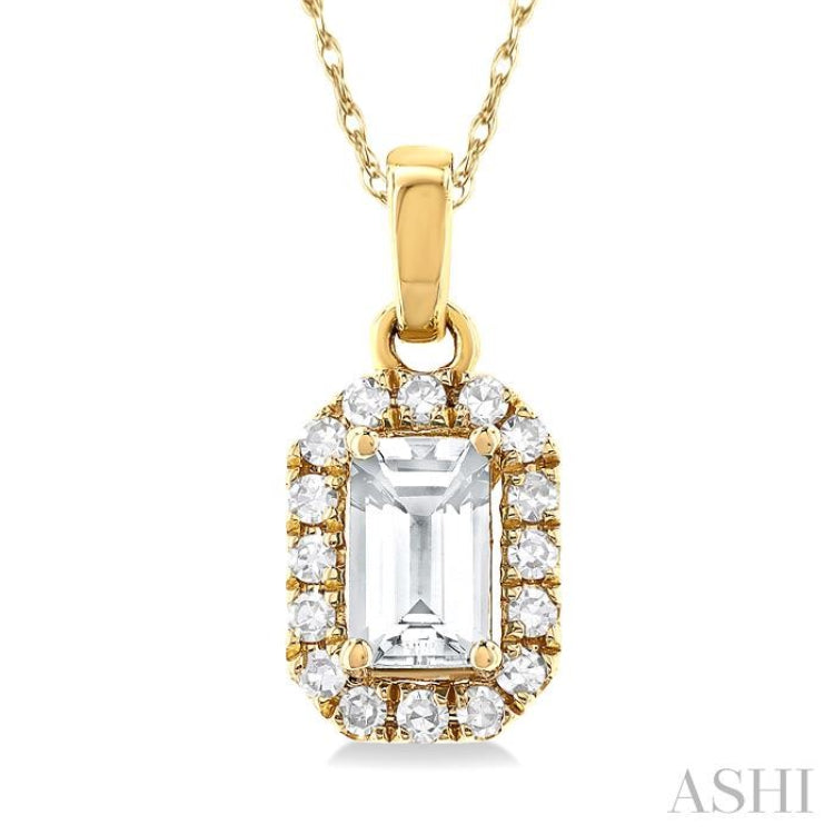 5x3 MM Octagonal Shape White Topaz and 1/20 Ctw Single Cut Diamond Halo Semi-Precious Pendant with Chain in 10K Yellow Gold