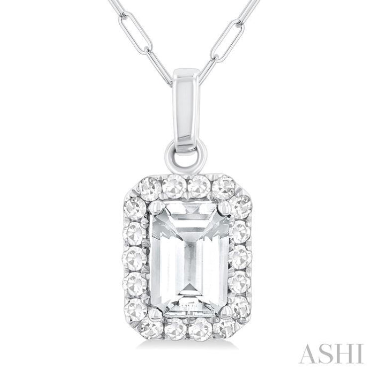 6x4 MM Octagonal Shape White Topaz and 1/6 Ctw Round Cut Diamond Halo Semi-Precious Pendant with Chain in 10K White Gold