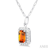 6x4 MM Octagonal Shape Citrine and 1/6 Ctw Round Cut Diamond Halo Semi-Precious Pendant with Chain in 10K White Gold
