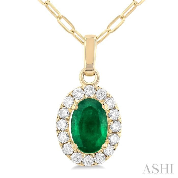 6x4 MM Oval Shape Emerald and 1/6 Ctw Round Cut Diamond Halo Precious Pendant with Chain in 14K Yellow Gold