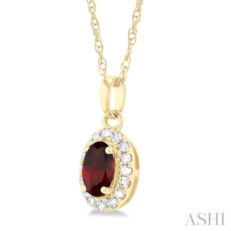 5x3 MM Oval Shape Garnet and 1/20 Ctw Single Cut Diamond Halo Semi-Precious Pendant with Chain in 14K Yellow Gold