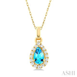 5x3 MM Pear Shape Blue Topaz and 1/20 Ctw Single Cut Diamond Halo Semi-Precious Pendant with Chain in 10K Yellow Gold