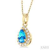 5x3 MM Pear Shape Blue Topaz and 1/20 Ctw Single Cut Diamond Halo Semi-Precious Pendant with Chain in 14K Yellow Gold