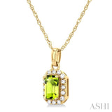 5x3 MM Octagonal Shape Peridot and 1/20 Ctw Single Cut Diamond Halo Semi-Precious Pendant with Chain in 10K Yellow Gold