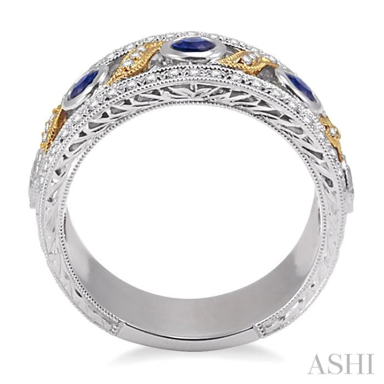 3 MM Diamond cut Round Sapphire and 1/6 Ctw Round Cut Diamond Precious Fashion Band in 14K White and Yellow Gold