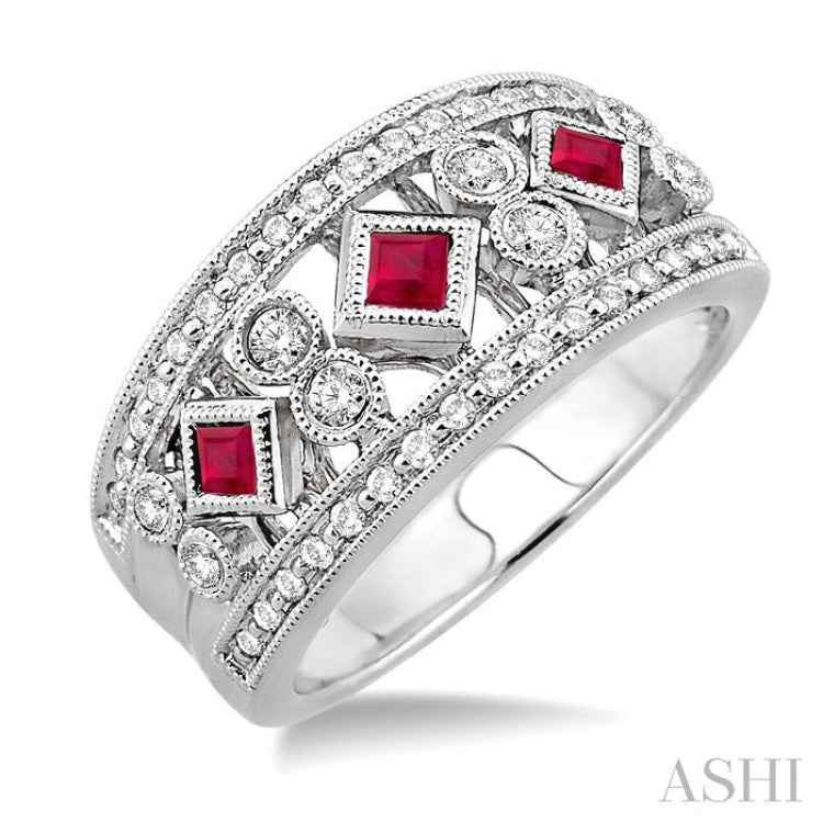 2.2 MM & 2.4 MM Princess Cut Ruby and 3/8 Ctw Round Cut Diamond Precious Fashion Band in 14K White Gold