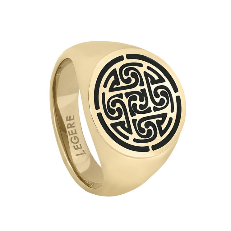 Gold IP Finish Stainless Steel Patterned Ring with Black Epoxy