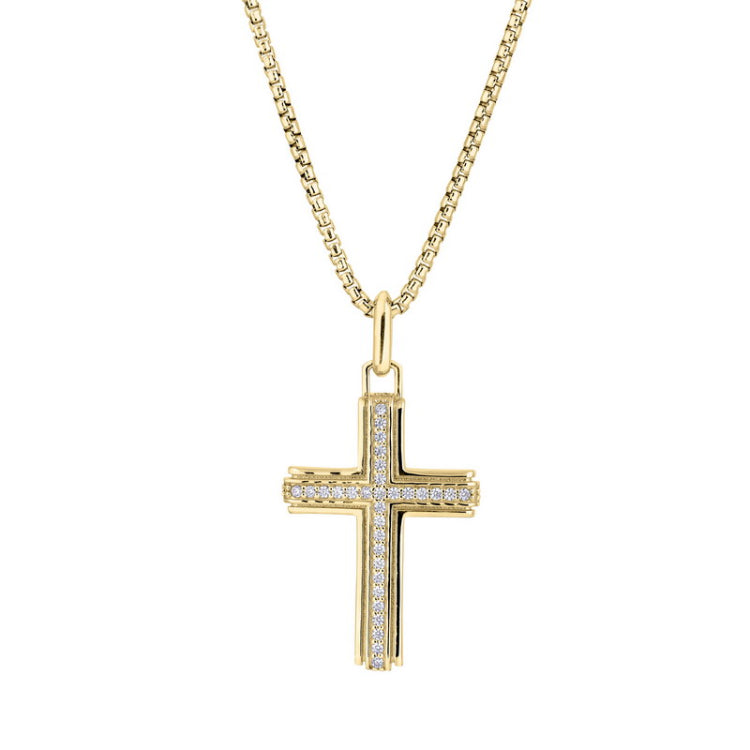 Gold Vermeil Sterling Silver Cross with Simulated Diamond Center Channel on 20 Rounded Box Chain