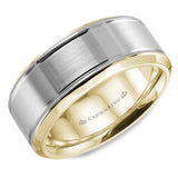 A yellow gold wedding band with a brushed white gold center and beveled edges.