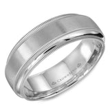 A white gold wedding band with a brushed center and milgrain detailing.