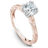 A Noam Carver engraved rose and white gold engagement ring with a round center diamond.