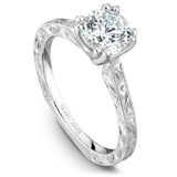 A Noam Carver engraved white gold engagement ring with a round center diamond.
