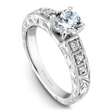 A Noam Carver engraved white gold engagement ring with 6 round diamonds on a band.