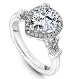 A Noam Carver white gold engagement ring with rose gold floral accents on a setting, a pear cut center stone & 30 diamonds.