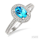 7x5 MM Oval Shape Blue Topaz and 1/50 Ctw Round Cut Diamond Semi-precious Ring in Sterling Silver