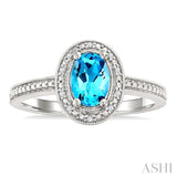 7x5 MM Oval Shape Blue Topaz and 1/50 Ctw Round Cut Diamond Semi-precious Ring in Sterling Silver
