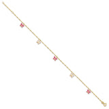 14k Pink and White Enameled Butterfly Dangles 9 inch Plus 1 inch Extender - Total 10 inch Anklet