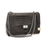 Luxury Giftware by Jere Top Grain Leather Croc Texture Black Chain Strap Handbag with Zip Pocket, 2 Slip Pockets, and Key Fob