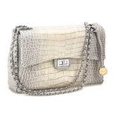 Top Grain Leather Croc Texture Silver-Grey Chain Strap Handbag with Zip Pocket, 2 Slip Pockets, and Key Fob