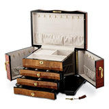 Luxury Giftware by Jere High Gloss Bubinga Veneer w/Elm Burl Inlay 3-drawer with Swing-out Sides Locking Wooden Jewelry Box