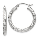 14k White Gold 3x25mm Diamond-cut Round Tube Hoop Earrings