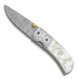 Luxury Giftware Damascus Steel 256 Layer Folding Blade Mother of Pearl Handle Knife with Leather Sheath and Wooden Gift Box
