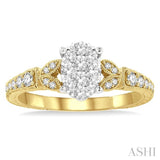 1/2 Ctw Oval Shape Leaf Carved Shank Lovebright Round Cut Diamond Engagement Ring in 14K Yellow and White Gold