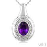 8X6 MM Oval Shape Amethyst and 1/20 Ctw Single Cut Diamond Semi-precious Pendant With Chain in Sterling Silver