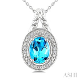 9X7 MM Oval Shape Blue Topaz and 1/20 Ctw Single Cut Diamond Semi-precious Pendant With Chain in Sterling Silver