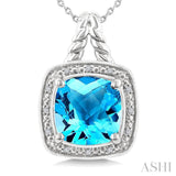 10 MM Cushion Shape Blue Topaz and 1/20 Ctw Single Cut Diamond Semi-precious Pendant With Chain in Sterling Silver