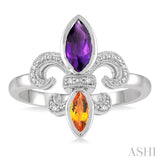 8x4 MM Marquise Cut Amethyst & 6X3 MM Marquise Cut Citrine and 1/50 Ctw Round Cut Diamond Fleur De Lis Ring in Sterling Silver