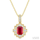 6X4 MM Octagon Shape Ruby and 1/4 Ctw Round and Baguette Cut Diamond Precious Pendant With Chain in 14K Yellow Gold