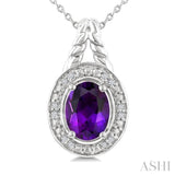 9X7 MM Oval Shape Amethyst and 1/20 Ctw Single Cut Diamond Semi-precious Pendant With Chain in Sterling Silver