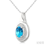 8X6 MM Oval Shape Blue Topaz and 1/20 Ctw Round Cut Diamond Semi-precious Pendant With Chain in Sterling Silver