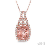 8x6 MM Cushion Shape Morganite Center and 1/6 Ctw Round Cut Diamond Semi-Precious Pendant in 14K Rose Gold with chain