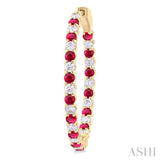 2.3 MM Round Ruby and 1 1/2 Ctw Round Cut Diamond Inside & Outside Alternating Precious Hoop Earrings in 14K Yellow Gold